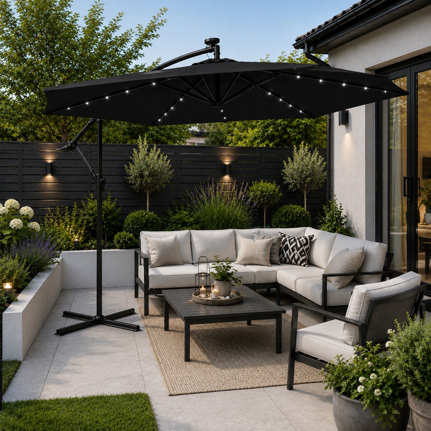 Samuel Alexander 3m Solar Powered Cantilever Lit Banana Garden Parasol with Crank Handle & White LED Lights in Black