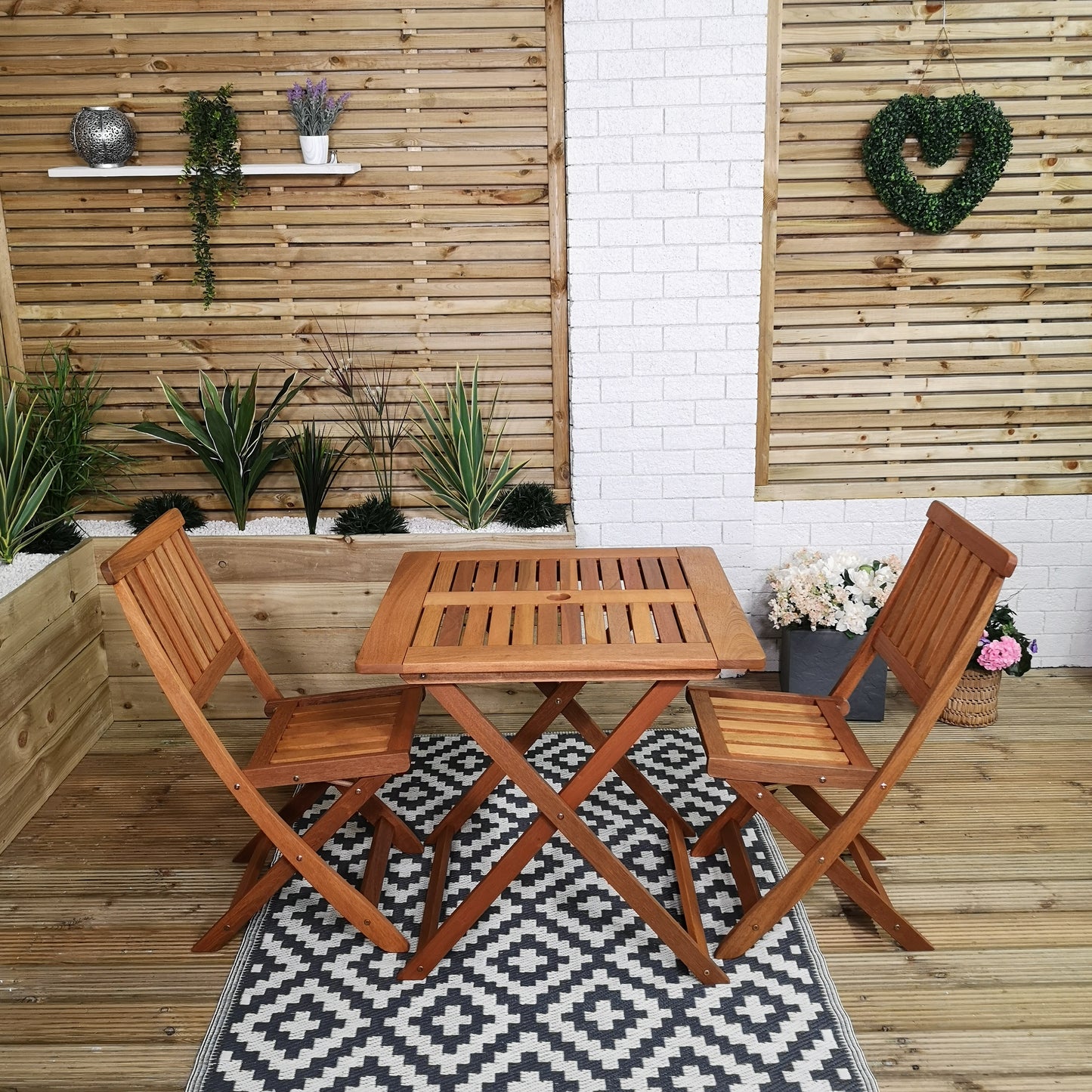 Outdoor 2 Person Folding Square Wooden Garden Dining Table Chairs Set