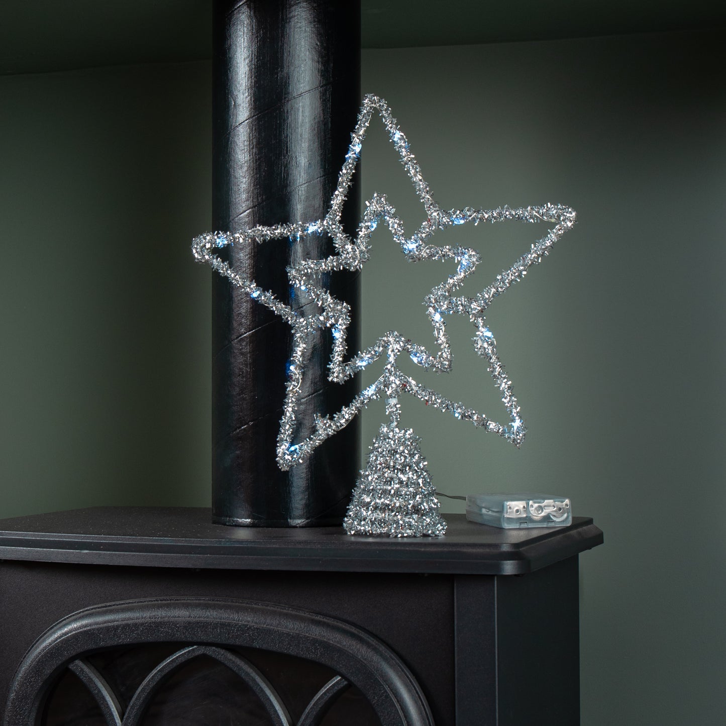 28cm Battery Powered Silver Christmas Star Tree Topper with Blue Multi-Action LEDs