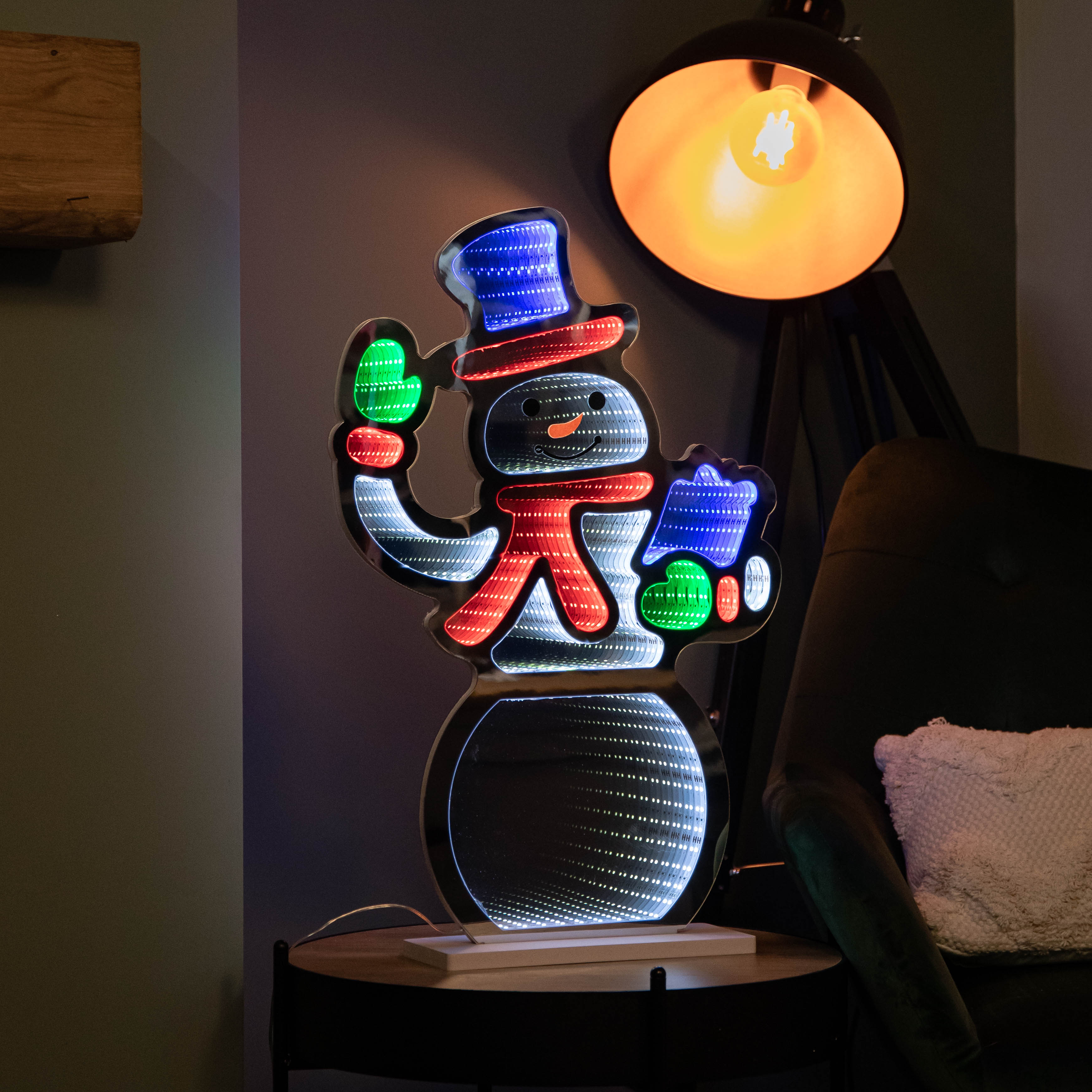 60cm Infinity Light up Standing Snowman Christmas Decoration with Multi-Coloured LEDs on Base