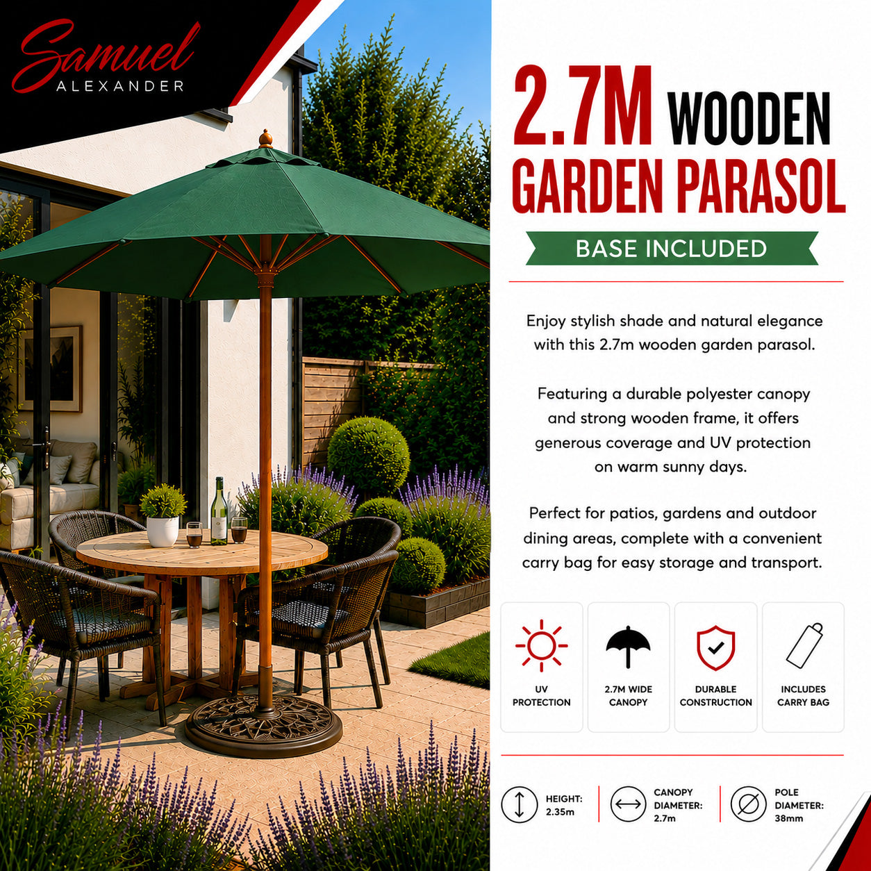 2.7m Outdoor Wooden Garden Parasol Sun Shade with Carry Bag in Green with 9kg Base Included