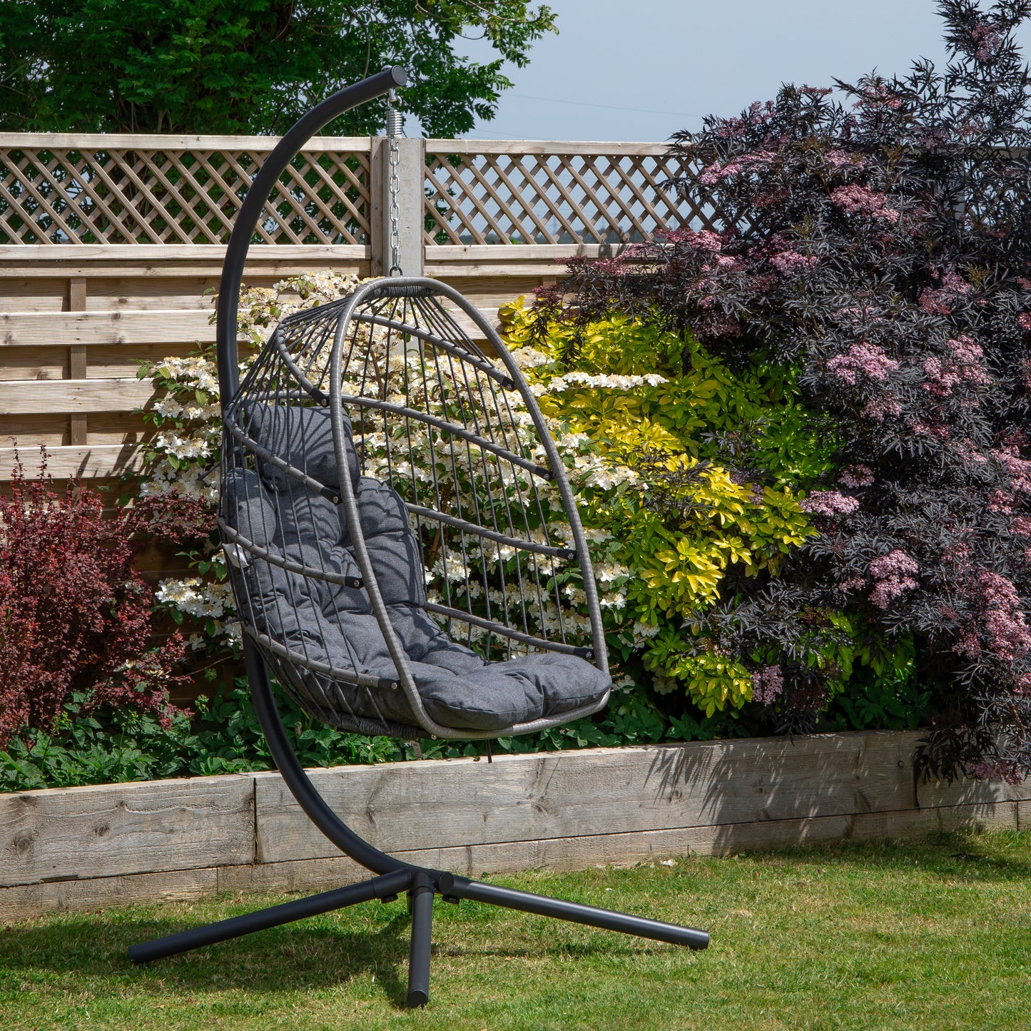 Grey Hanging Egg Chair With Stand & Waterproof Cover