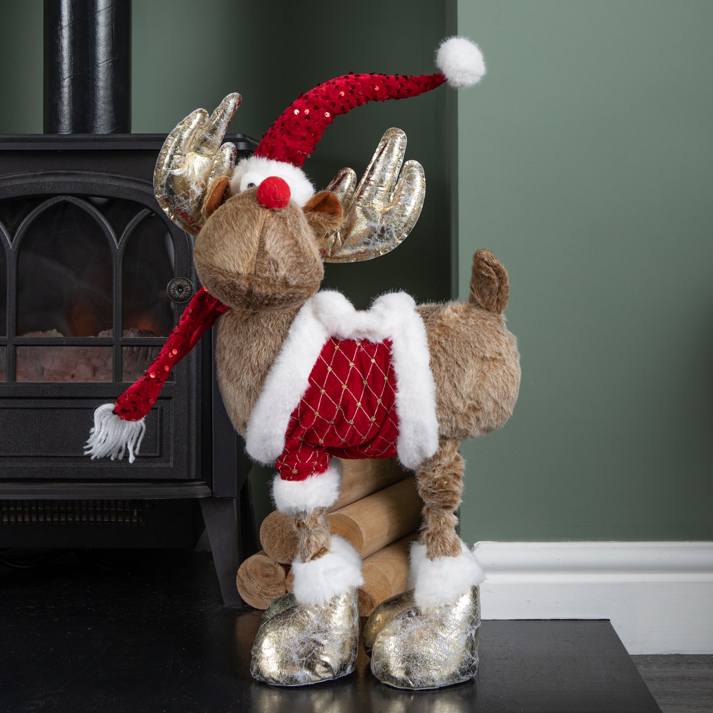 91cm Tall Plush Festive Golden Rudolph Christmas Decoration with Extendable Legs