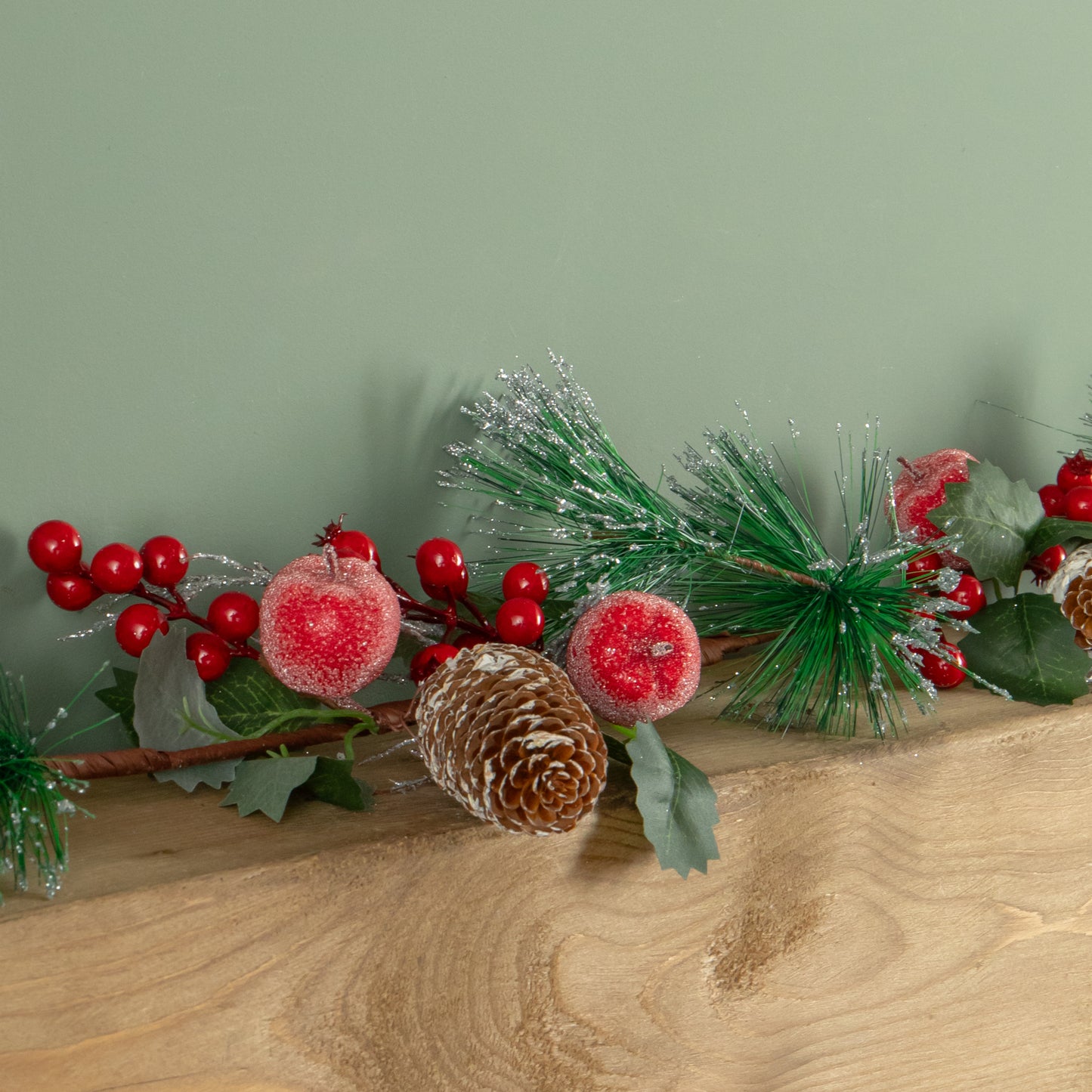 1.5m (150cm) Christmas Garland with Red Berries, Frosted Apples and Pinecones