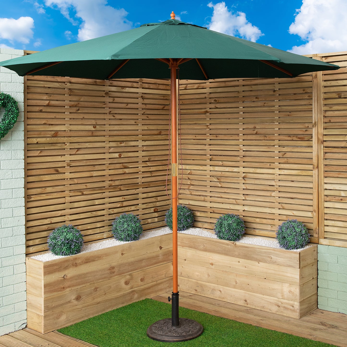 Outdoor 6 Person Rectangular Wooden Garden Dining Table, 2 Benches, Chairs with Green Parasol and Base Set