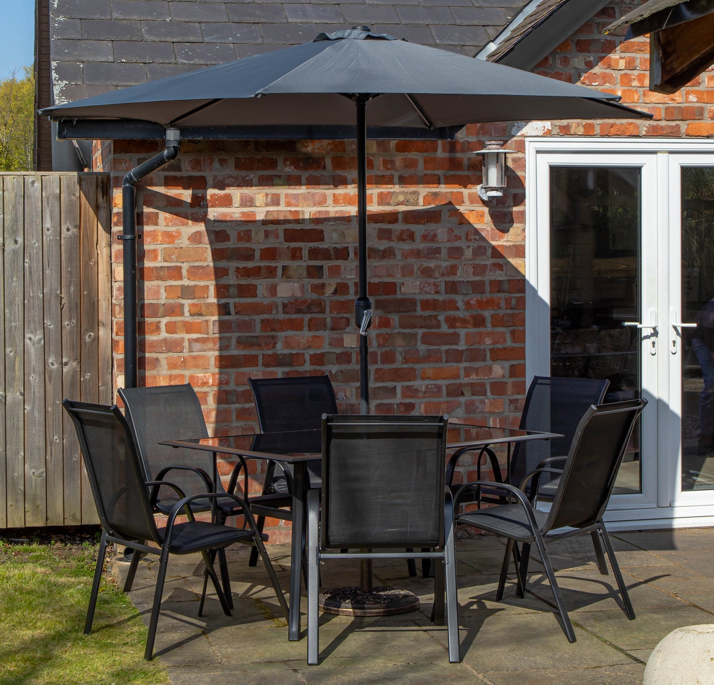 Outdoor 6 Person Rectangular Glass Top Garden Dining Table Chairs With Grey Parasol and Base Set