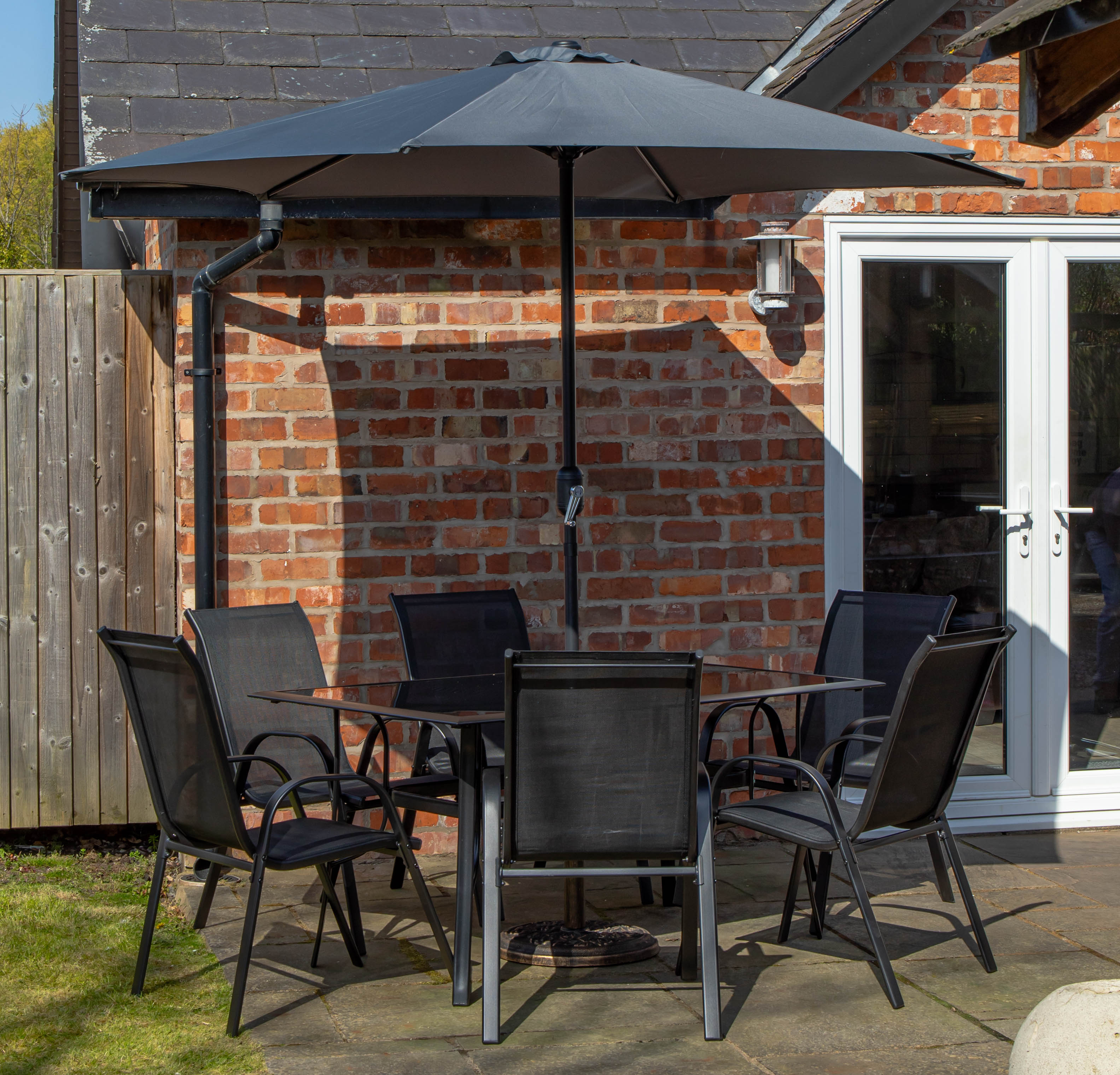 Outdoor 6 Person Rectangular Glass Top Garden Dining Table Chairs With Grey Parasol and Base Set