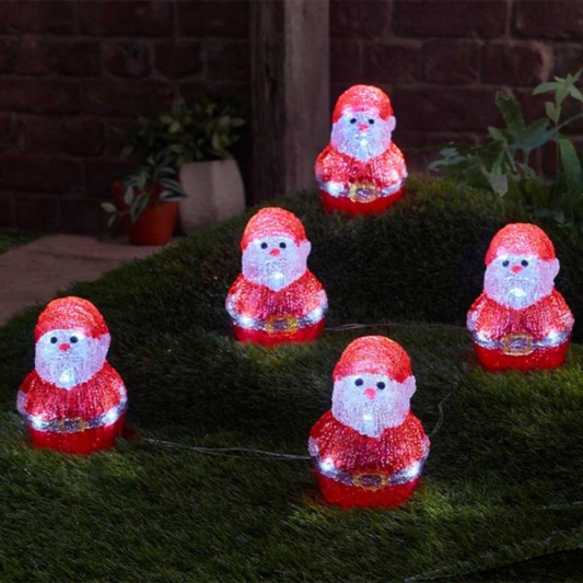 14cm Set of 5 Battery Operated Light up Christmas Santa Ornaments with 40 Cool White LEDs