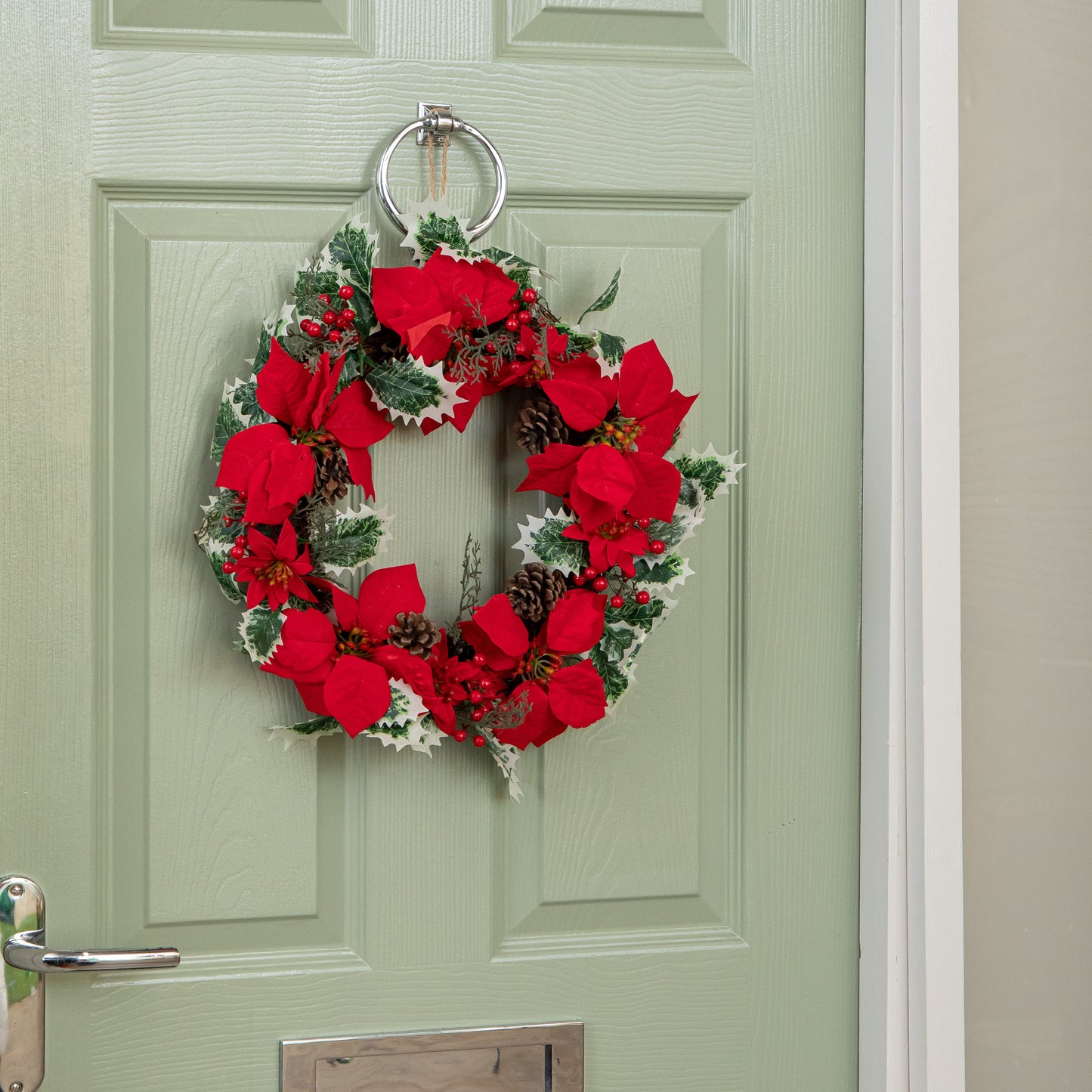 40cm Red Hanging Christmas Poinsettia Wreath with Berries and Pinecones