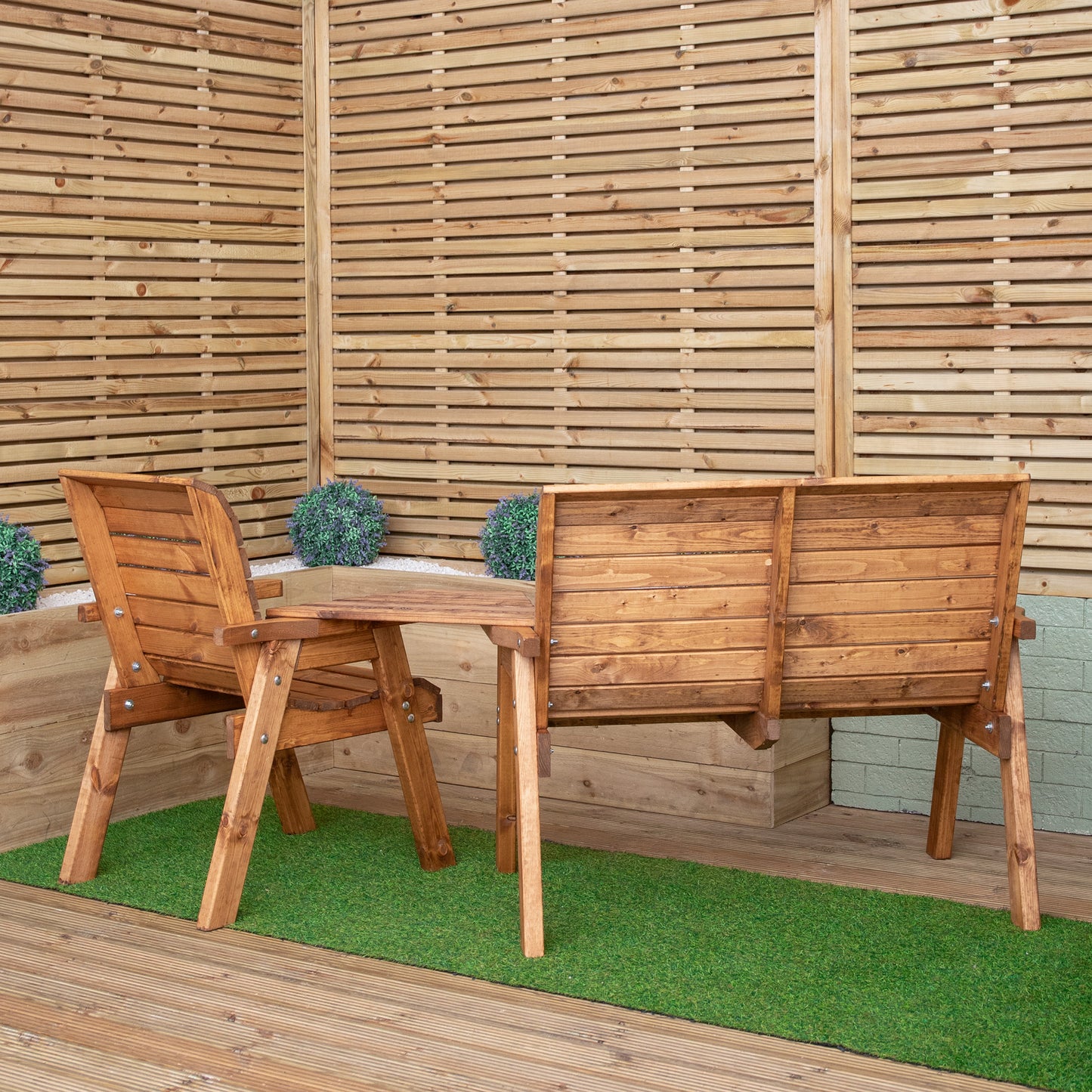 3 Seater Chunky Rustic Wooden Garden Furniture Set with Angled Tray