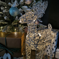 60cm Battery Operated Silver Woven Reindeer Christmas Decoration with 20 Warm White LEDs