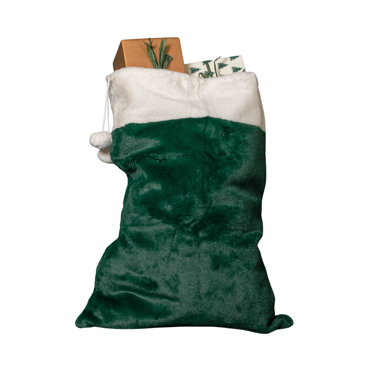 80x55cm Green Christmas Sack with White Cuff and Pom Poms