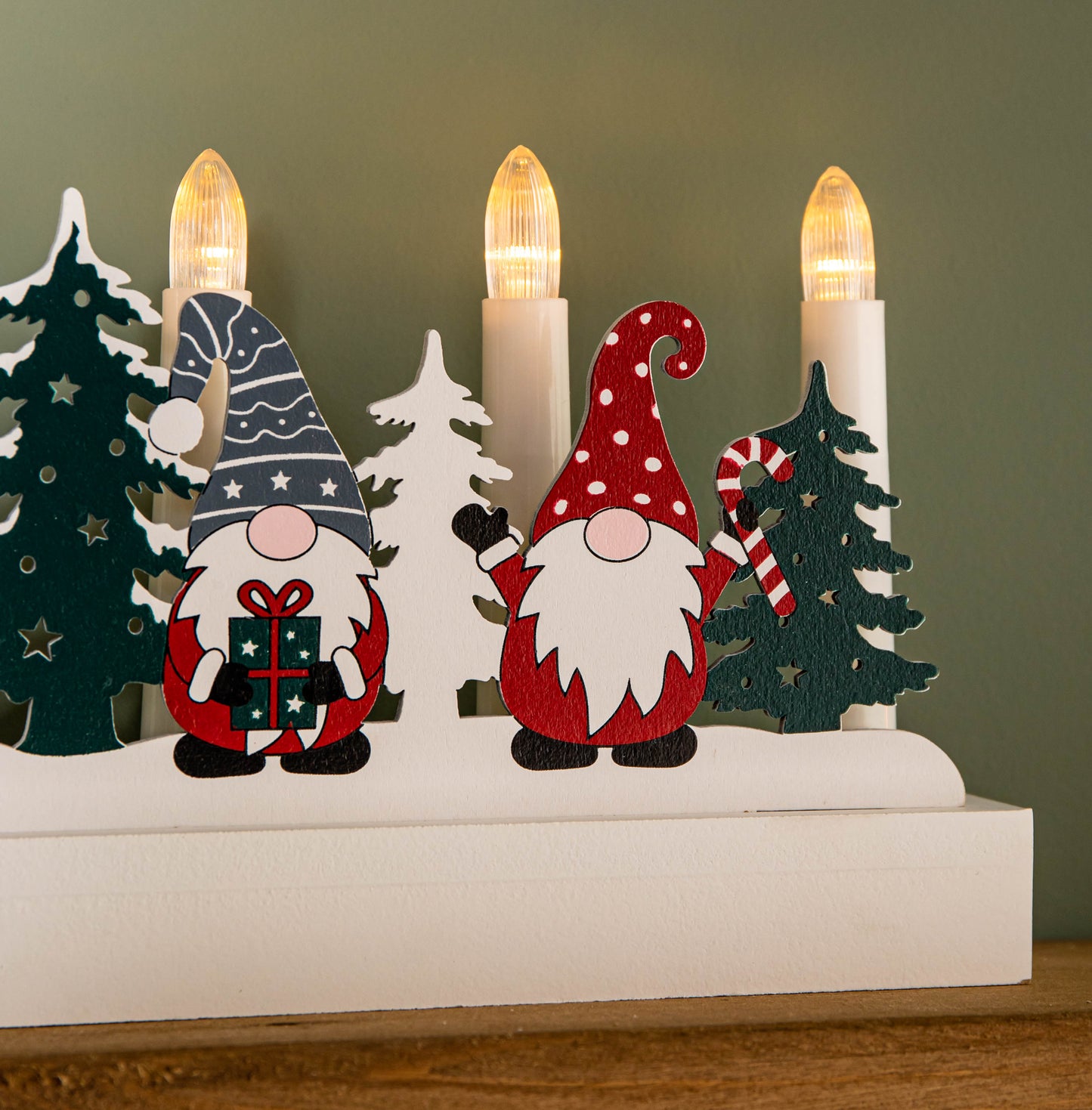 28cm Battery Operated Light up White Wooden Christmas Candle Bridge with Gonk Scene and 5 LEDs