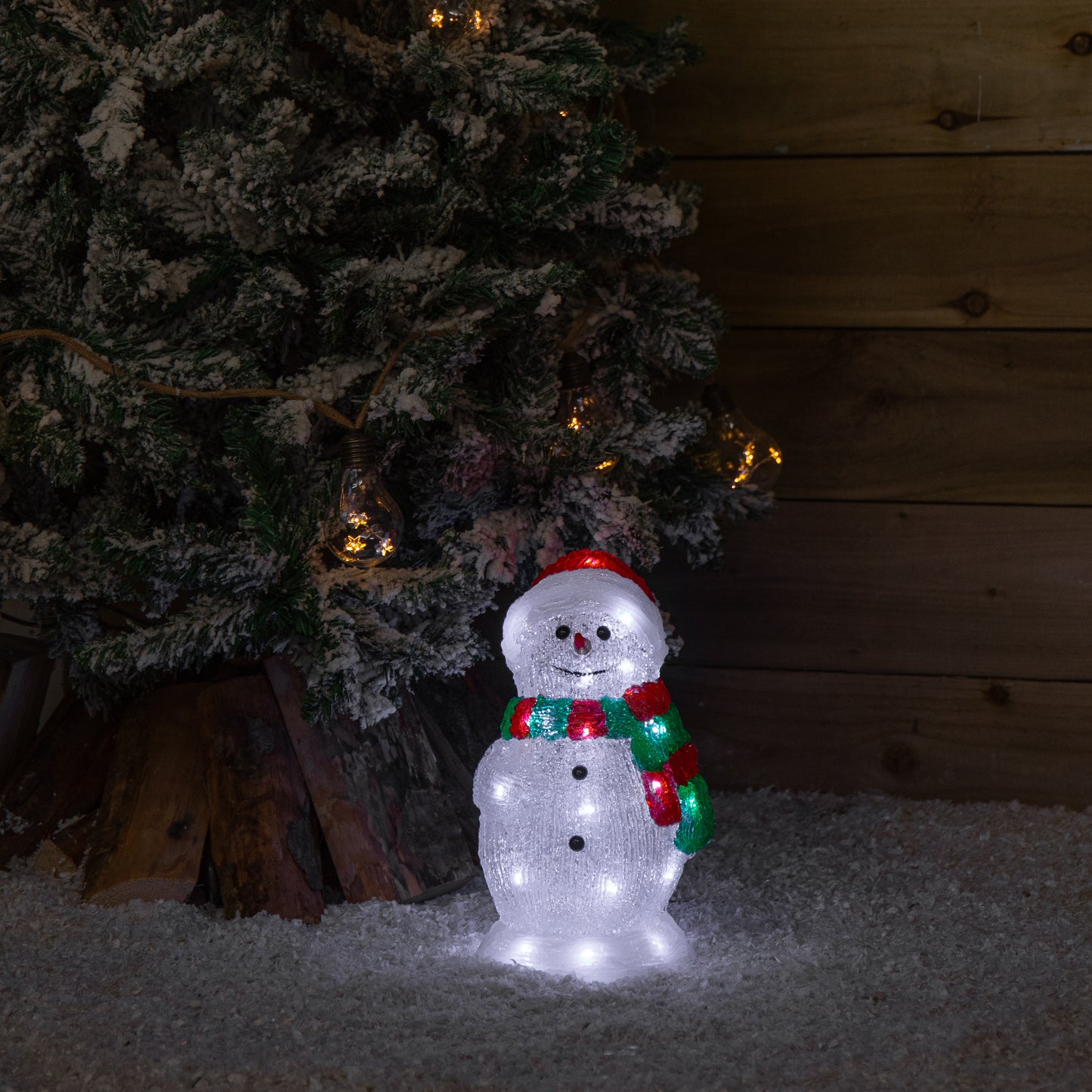 30cm Light up Acrylic Christmas Snowman in Red and Green Scarf with White LEDs