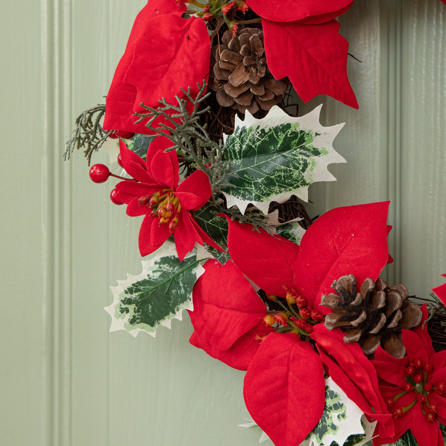 40cm Red Hanging Christmas Poinsettia Wreath with Berries and Pinecones