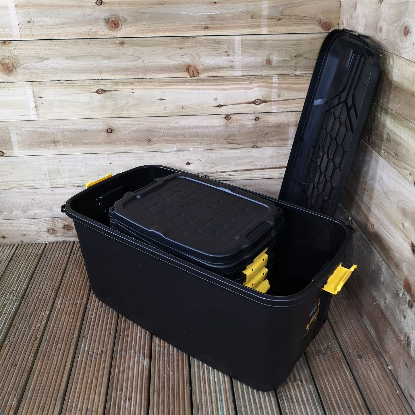 1 x 145L AND 4 x 24L Heavy Duty Trunks 1 on Wheels Sturdy, Lockable, Stackable and Nestable Design Storage Chest with Clips in Black