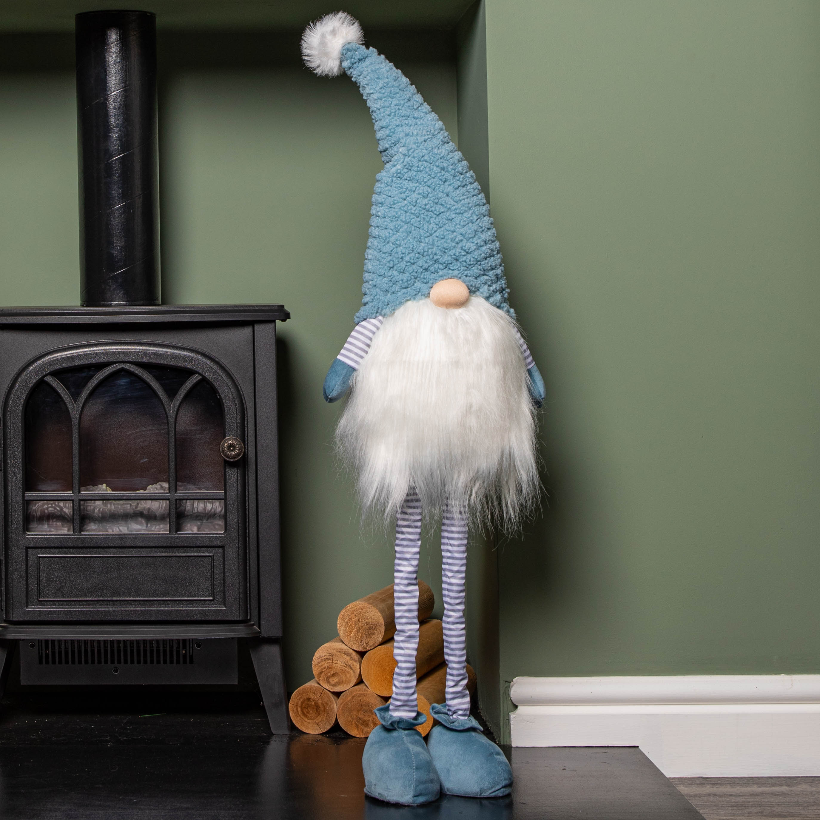 89cm Blue Standing Christmas Gonk Decoration with Extendable Legs and Knitted Hat