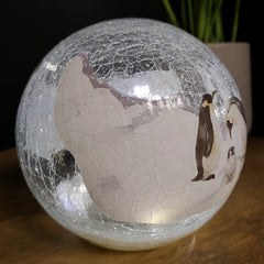 15cm Festive Christmas LED Crackle Effect Glass Penguin Scene Ball