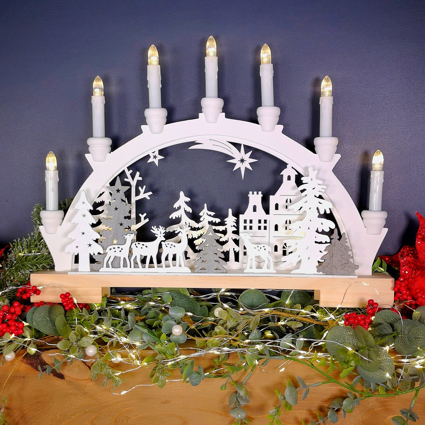 45cm Battery Operated Warm White LED Wooden Arch Reindeer Scene Candle Bridge Christmas Decoration