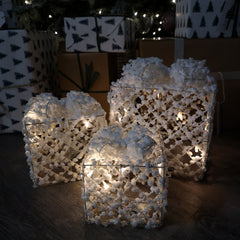Set of 3 Warm White Battery Operated LED White and Gold Gift Box Christmas Decoration