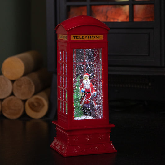 26cm Dual Powered Light up Red Telephone Box Christmas Water Spinner with Santa Scene
