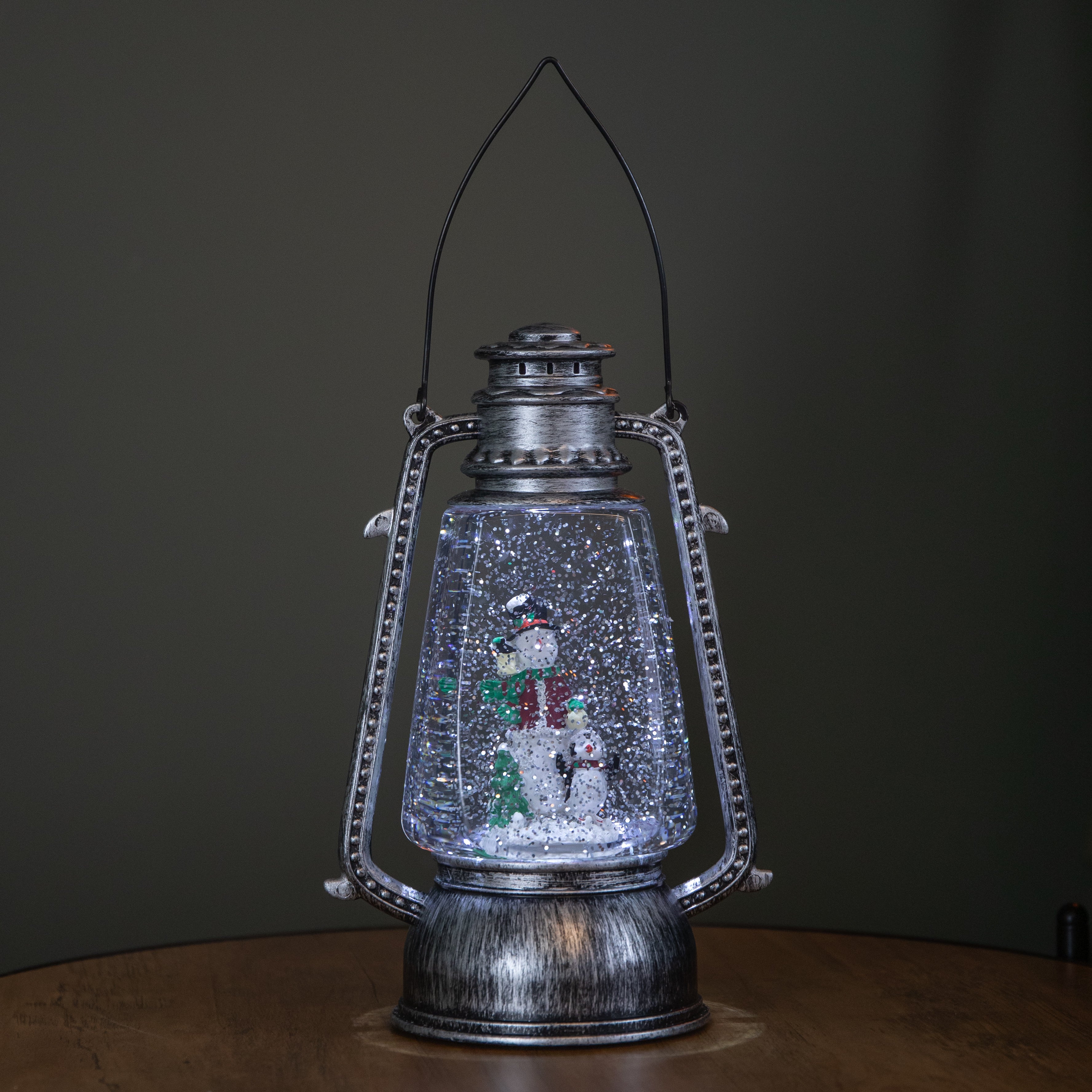 24cm Dual Powered Light up Silver Antique Lantern Christmas Water Spinner with Snowman Scene