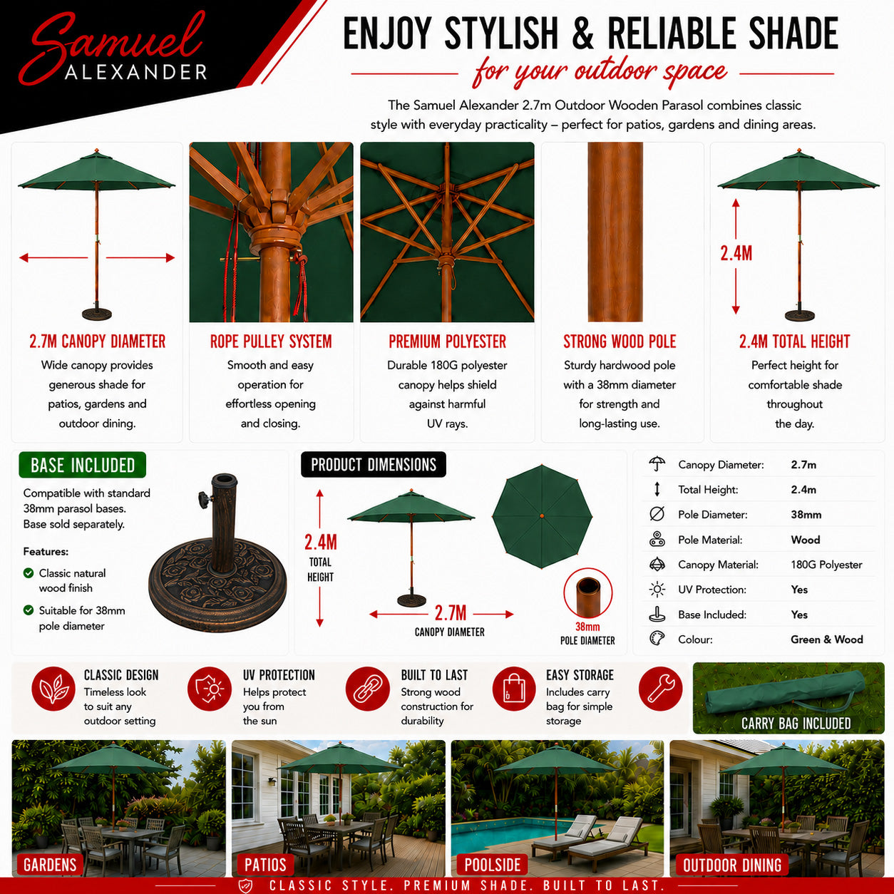2.7m Outdoor Wooden Garden Parasol Sun Shade with Carry Bag in Green with 9kg Base Included