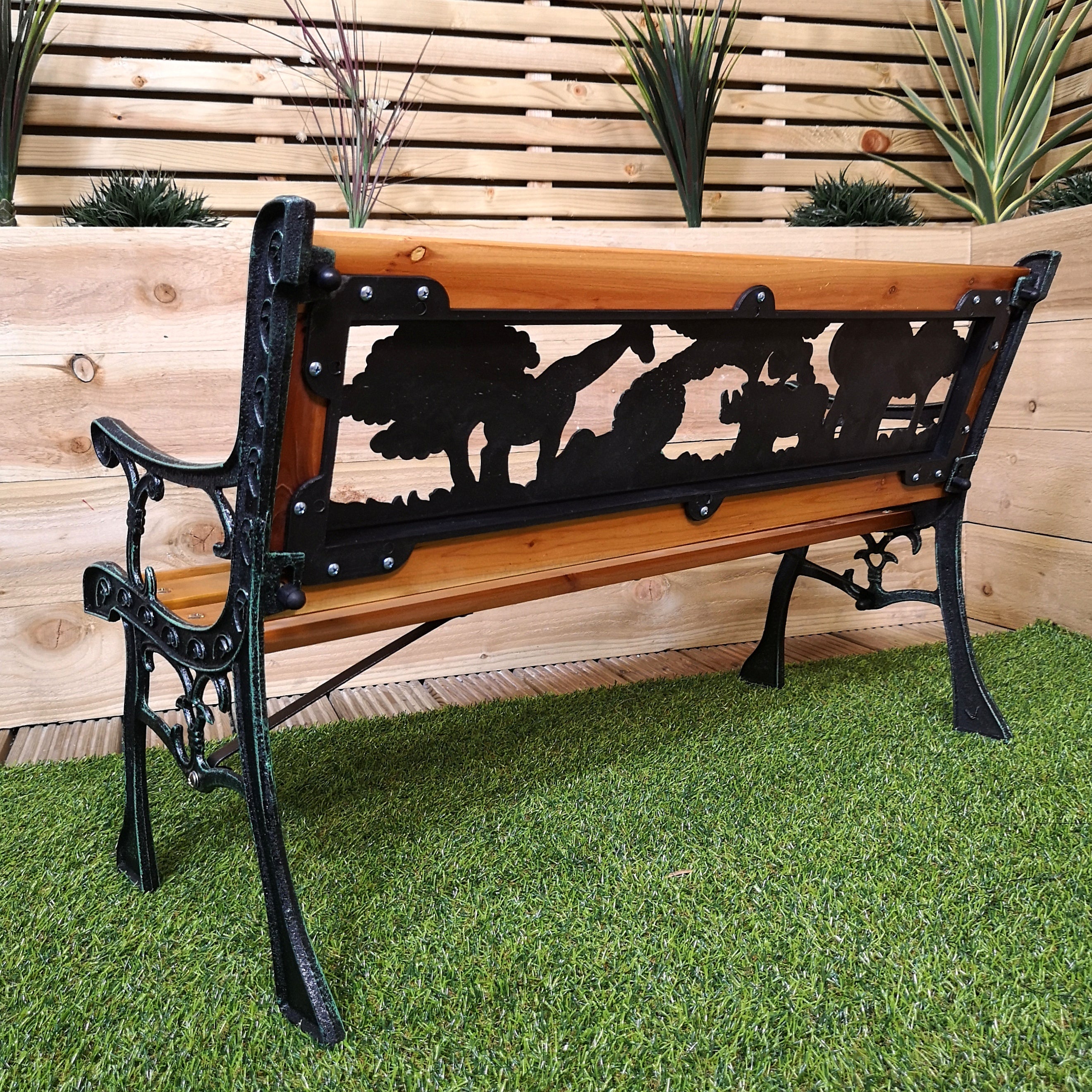 Kids 2 Seater Wooden & Cast Iron Garden Patio Childrens Bench with Animal Design