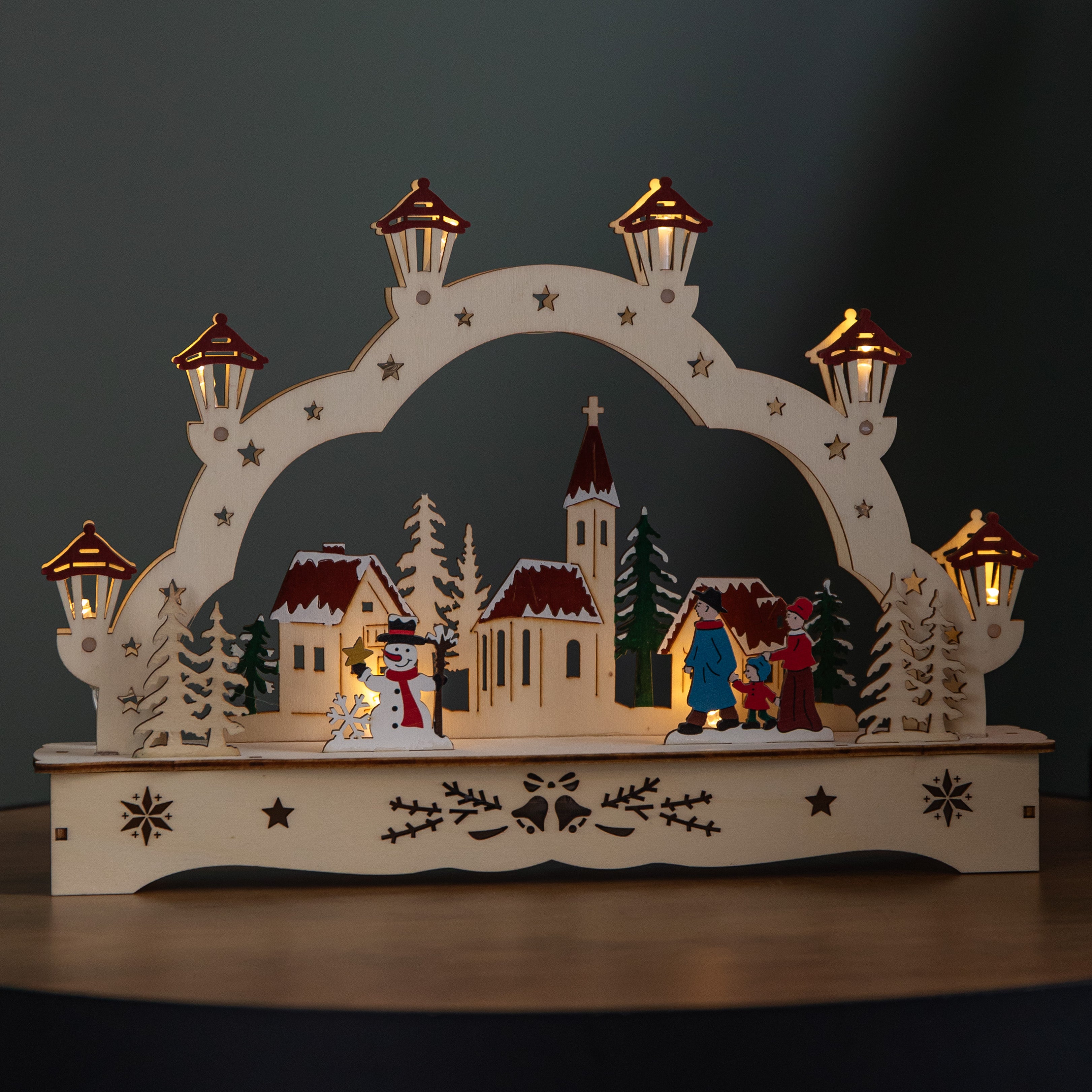 28cm Battery Operated Wooden Christmas Festive Village with LEDs
