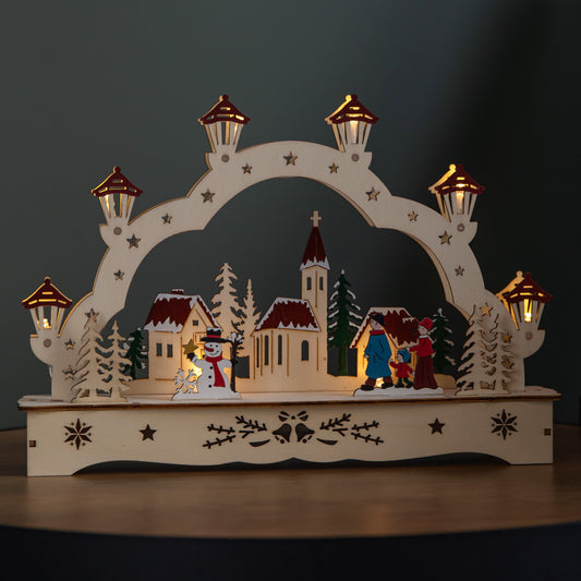 28cm Battery Operated Wooden Christmas Festive Village with LEDs