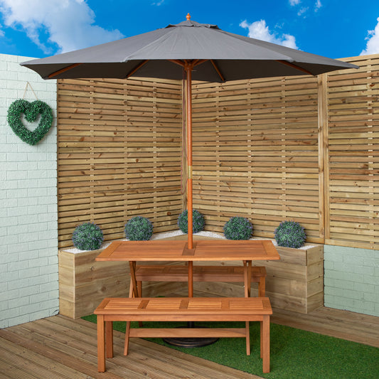 Outdoor 4 Person Rectangular Wooden Garden Dining Table, 2 Benches with Grey Parasol and Base Set
