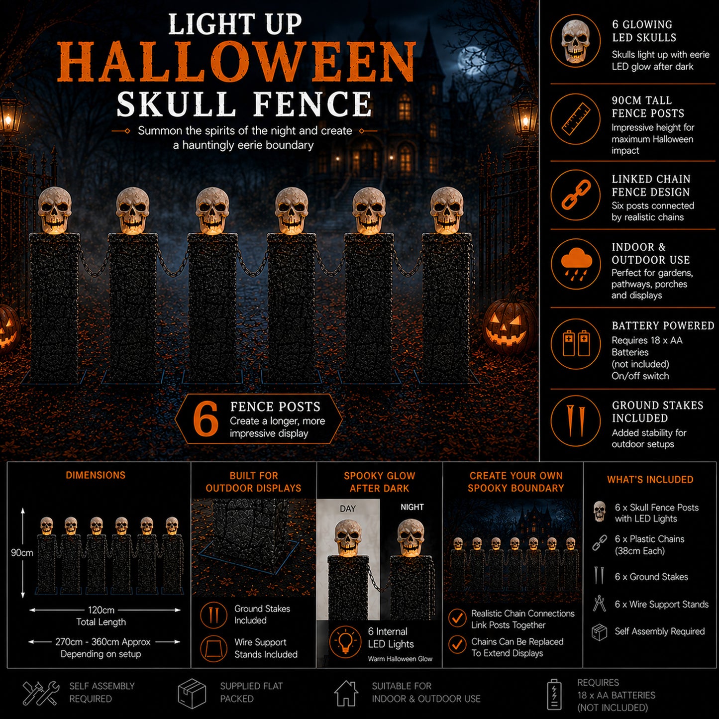 Pack of 2: 90cm x 1.2m Battery Powered Light Up Halloween Skull Fence with LEDs