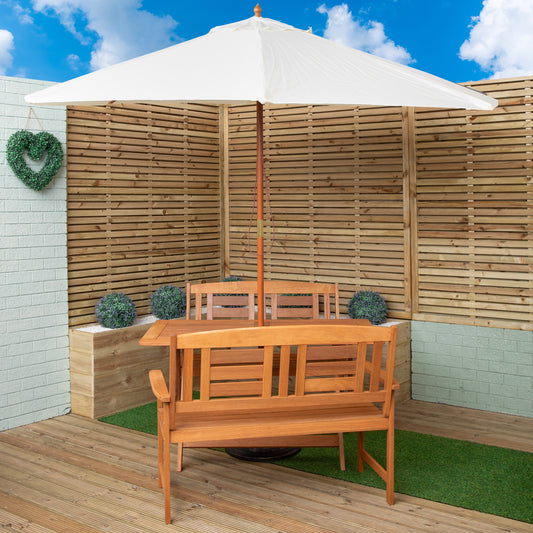 Outdoor 4 Person Folding Rectangular Wooden Garden Dining Table Benches Cream Parasol and Base Set