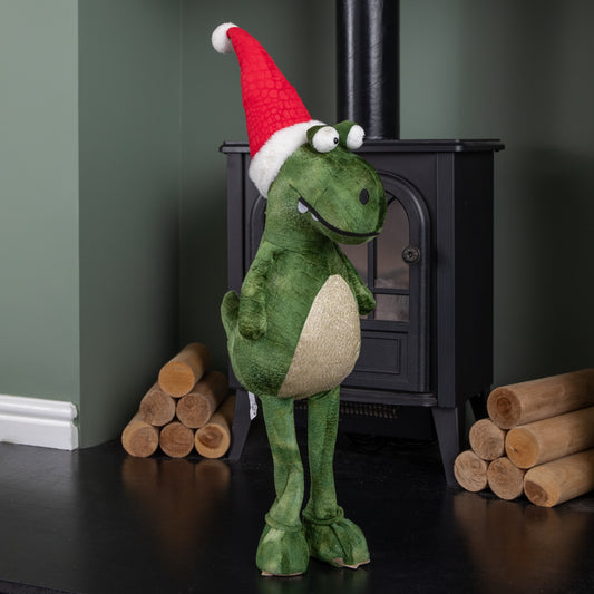 70cm Tall Green Plush Santa-Saurus Dino Standing Christmas Decoration with Santa Hat