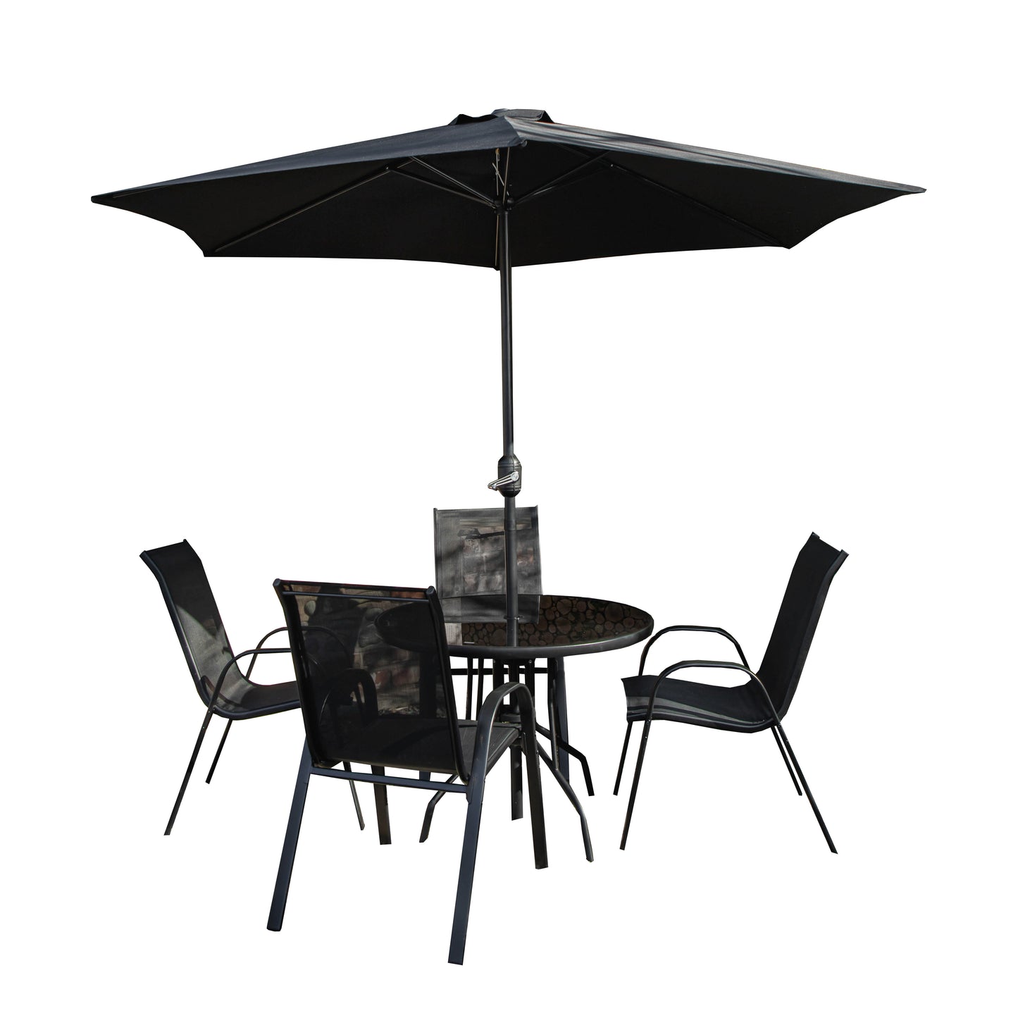 Outdoor 4 Person Round Glass Top Garden Dining Table Chairs With Black Parasol and Base Set