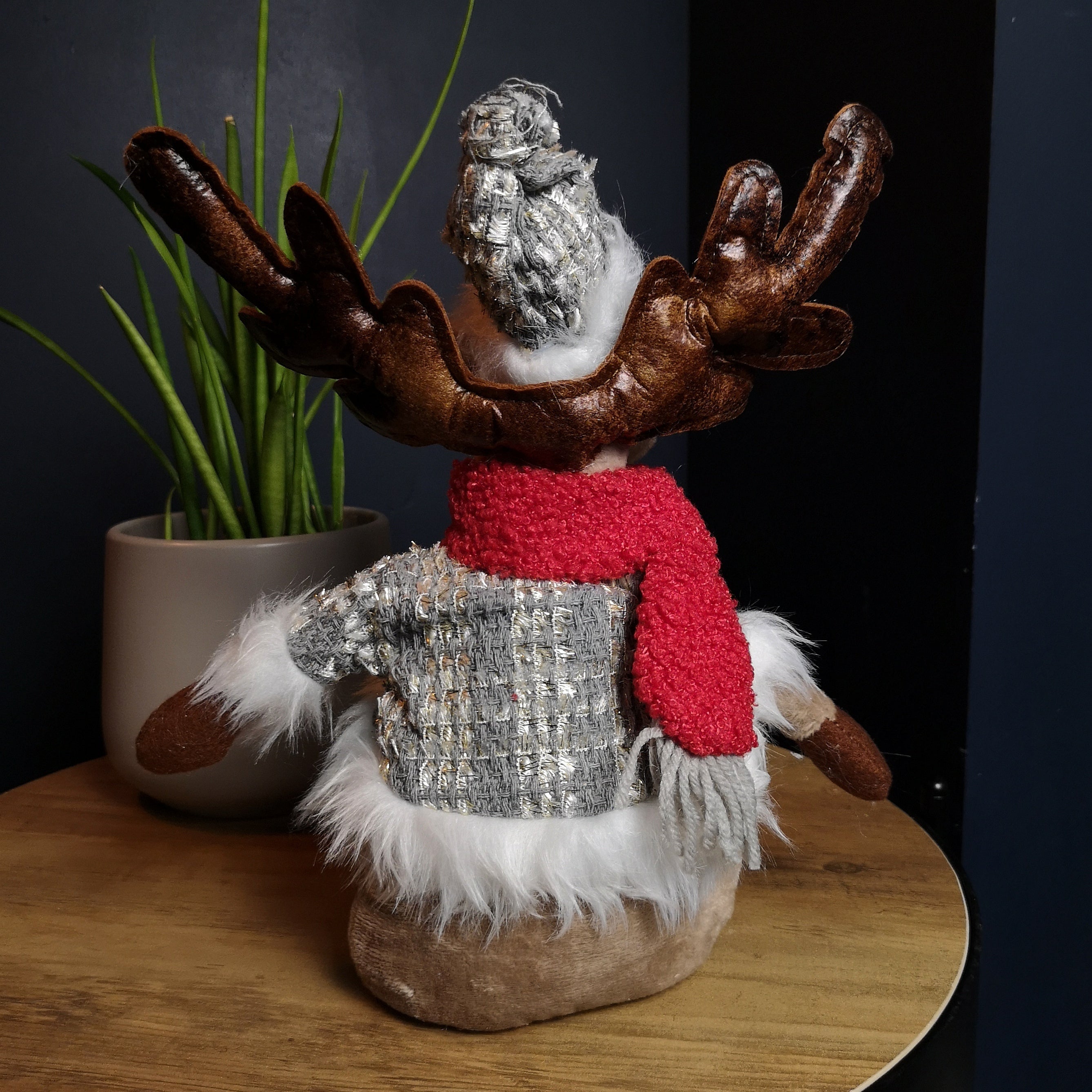38cm Plush Reindeer Christmas Decoration with Hat and Scarf in Grey