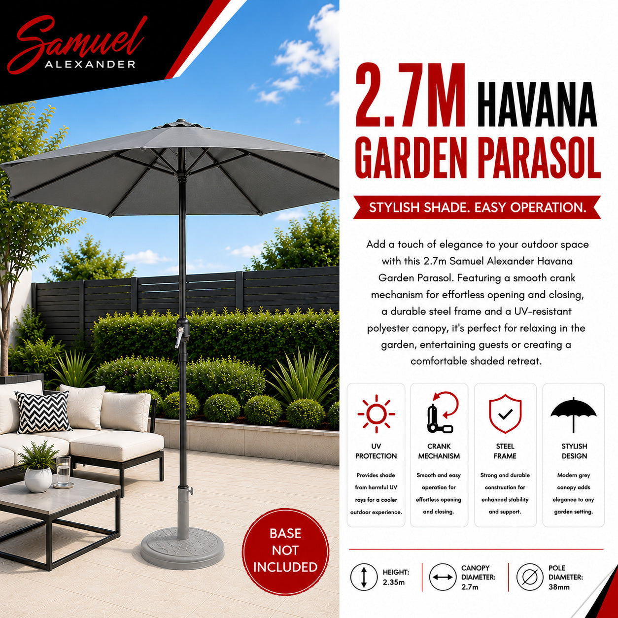 Samuel Alexander 2.7m Havana Garden Patio Parasol with Crank Handle in Grey