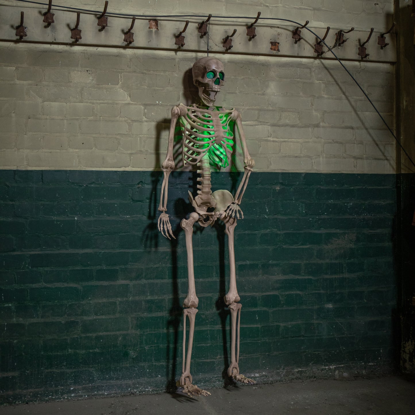 5ft (152cm) Battery Powered Light up Halloween Skeleton with Poseable Joints & Green LEDs
