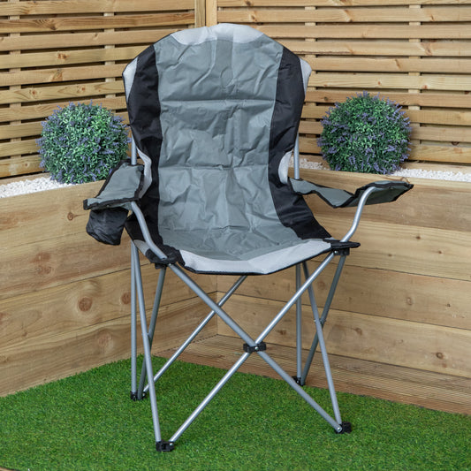 Luxury Padded High Back Outdoor Folding Chair with Cupholder in Grey