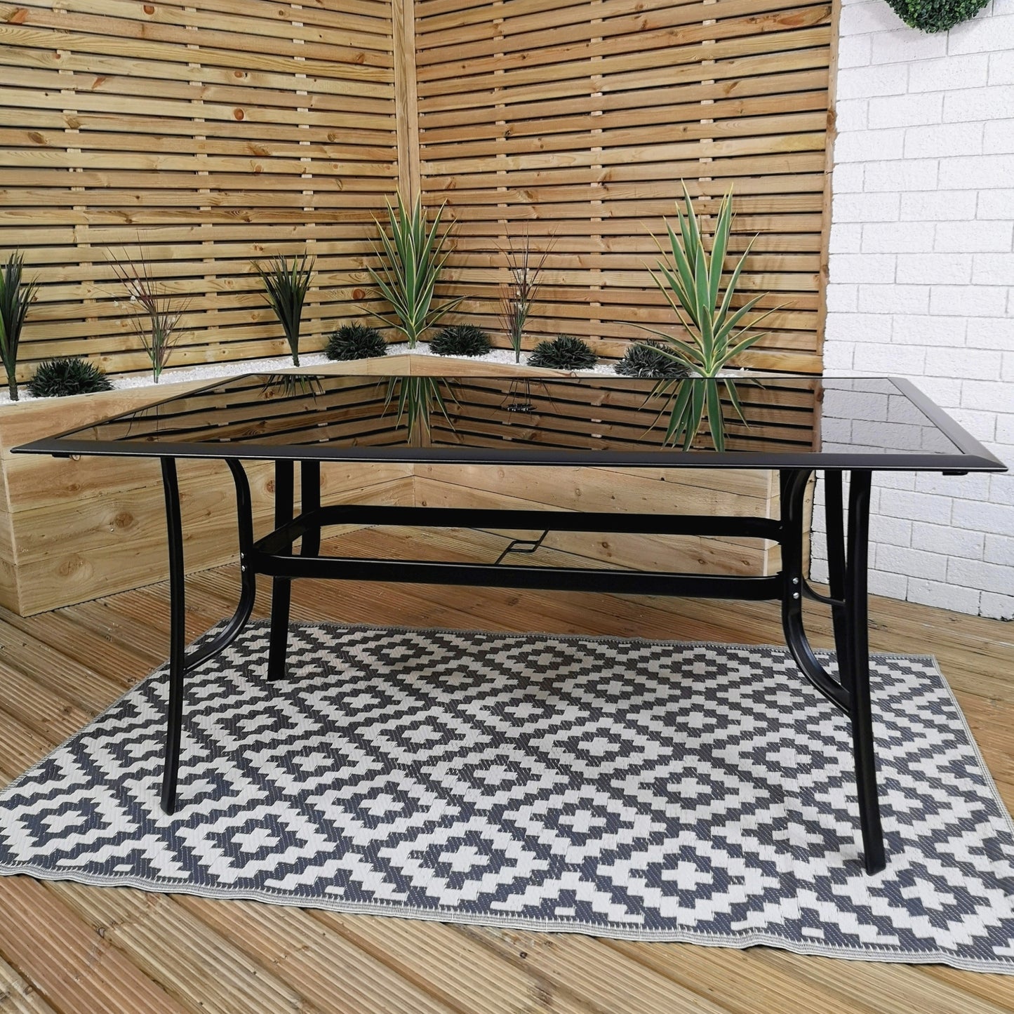 Outdoor 4 Person Rectangular Glass Top Garden Dining Table Chairs With Green Banana Parasol and Base Set