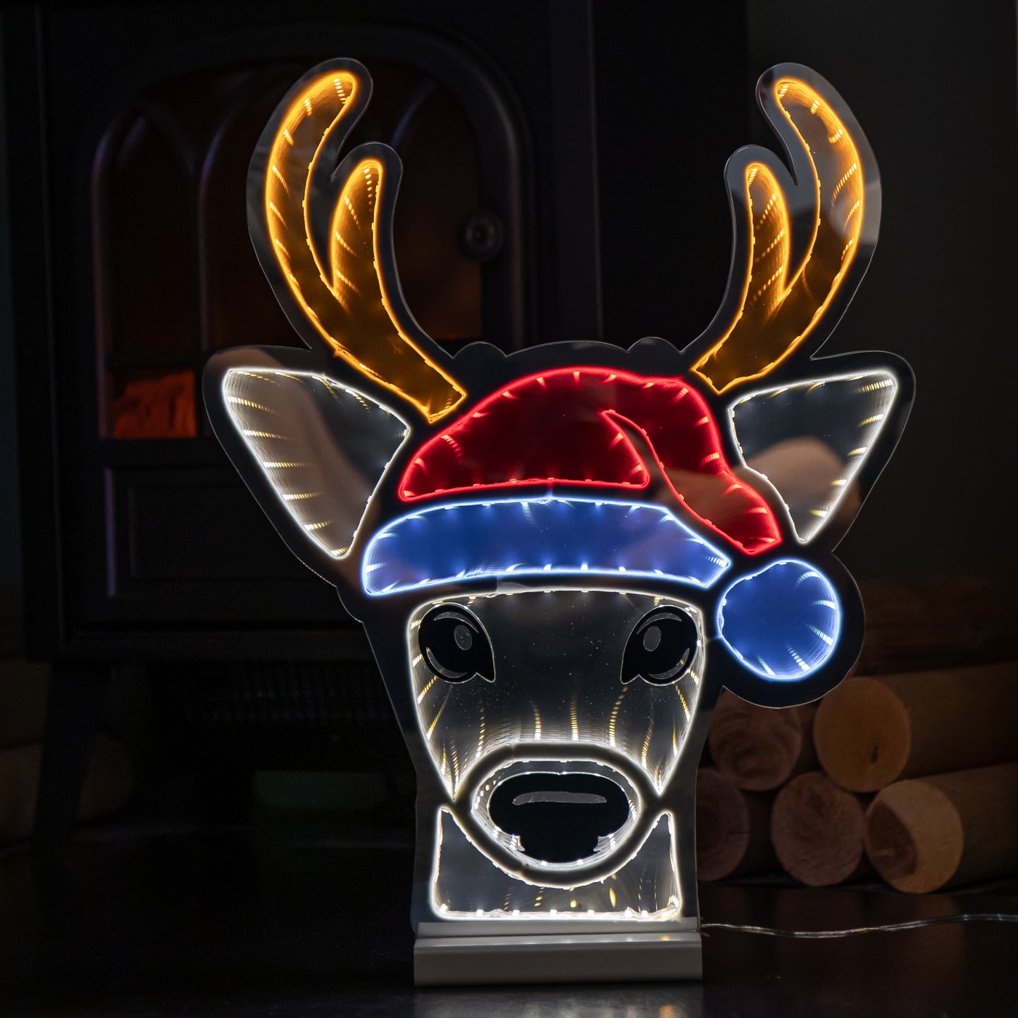 40cm Light up Christmas Deer Head in Santa Hat Infinity Decoration with LEDs