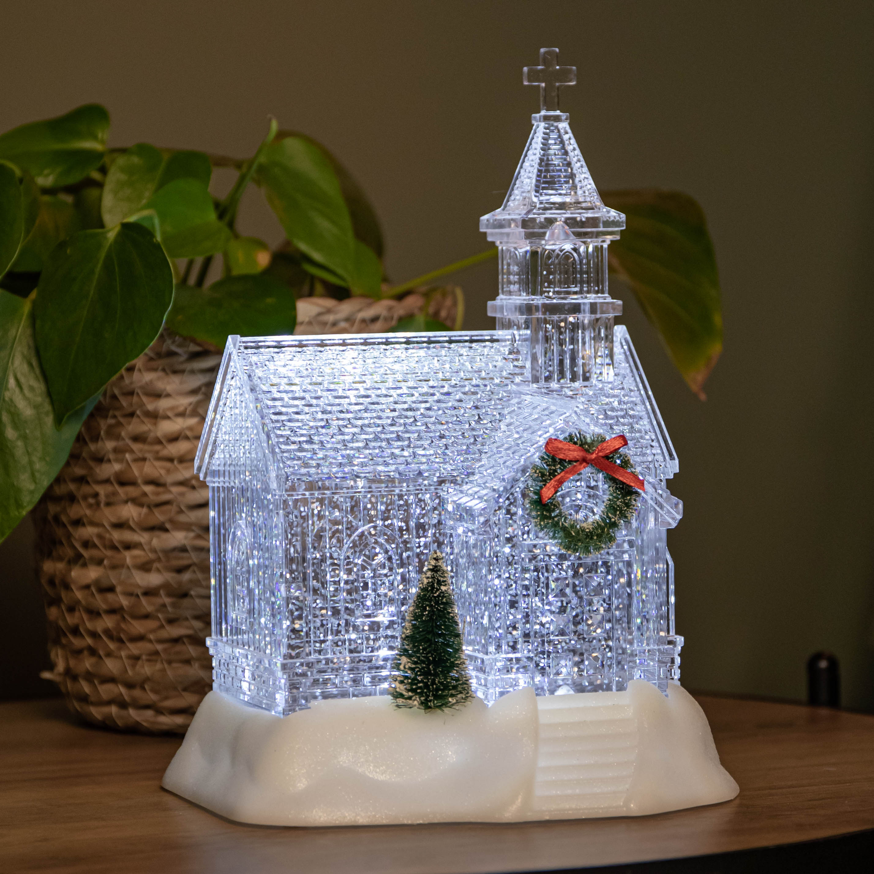 23cm Battery Operated Light up Christmas Church with Swirling Glitter and LEDs 