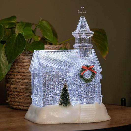 23cm Battery Operated Light up Christmas Church with Swirling Glitter and LEDs 