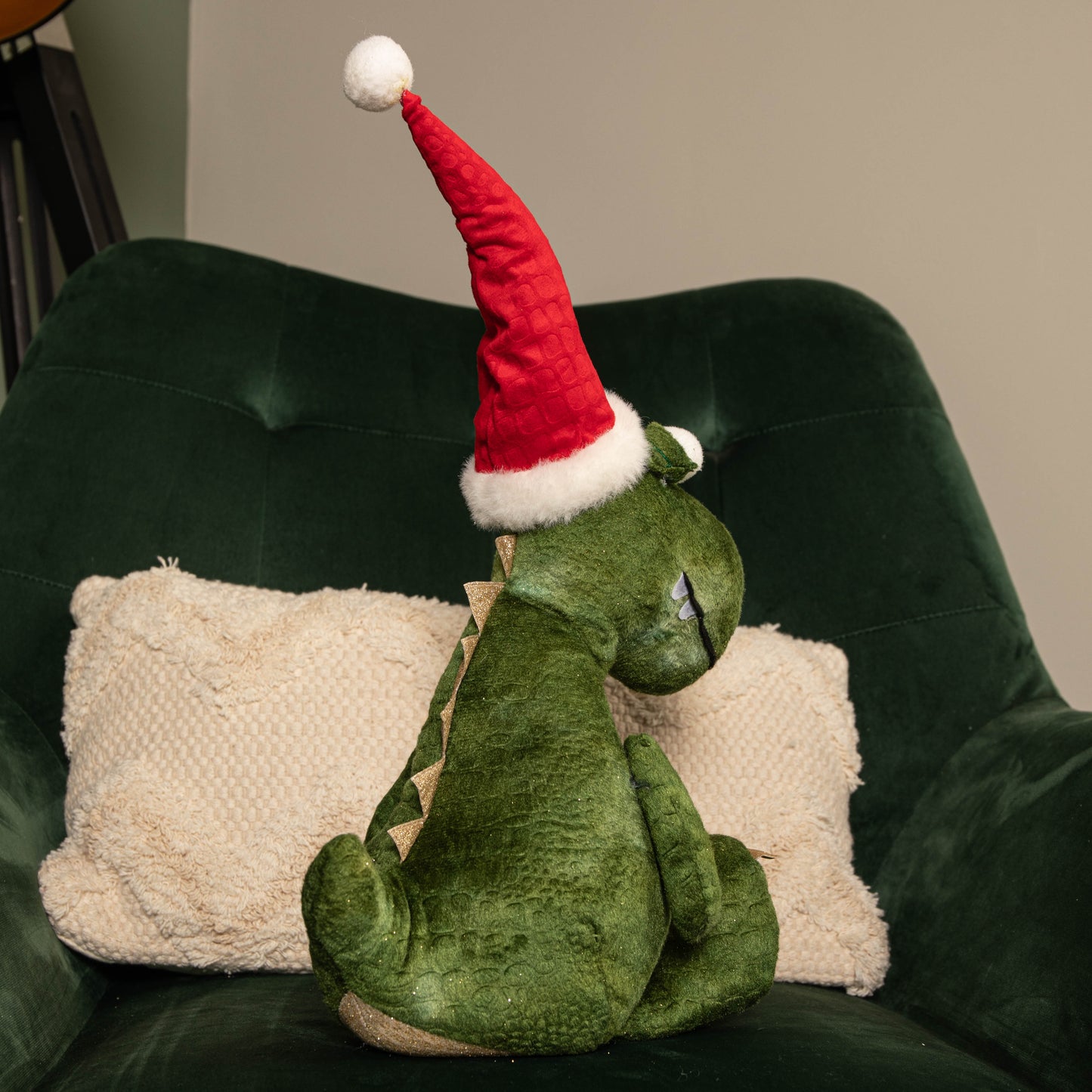 48cm Green Sitting Christmas Dinosaur with Santa Hat