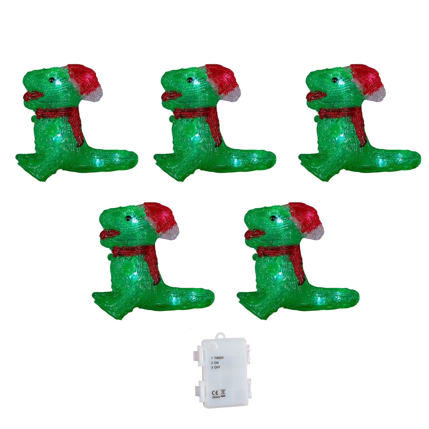 15cm Set of 5 Battery Operated Light up Christmas Dinosaur Ornaments with 40 Cool White LEDs