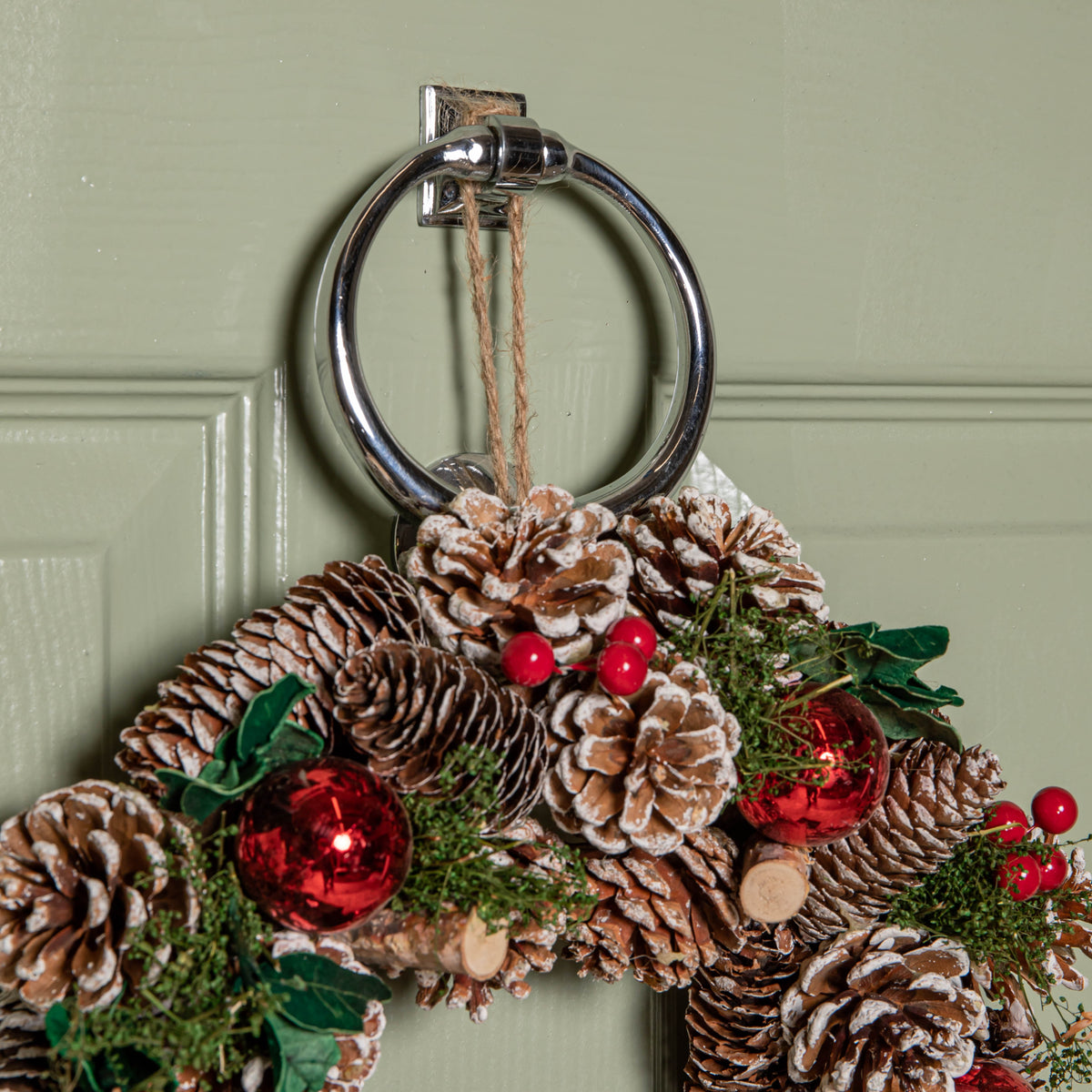 30cm Hanging Christmas YuleFest Wreath with Red Baubles & Snow Tipped Pine Cones