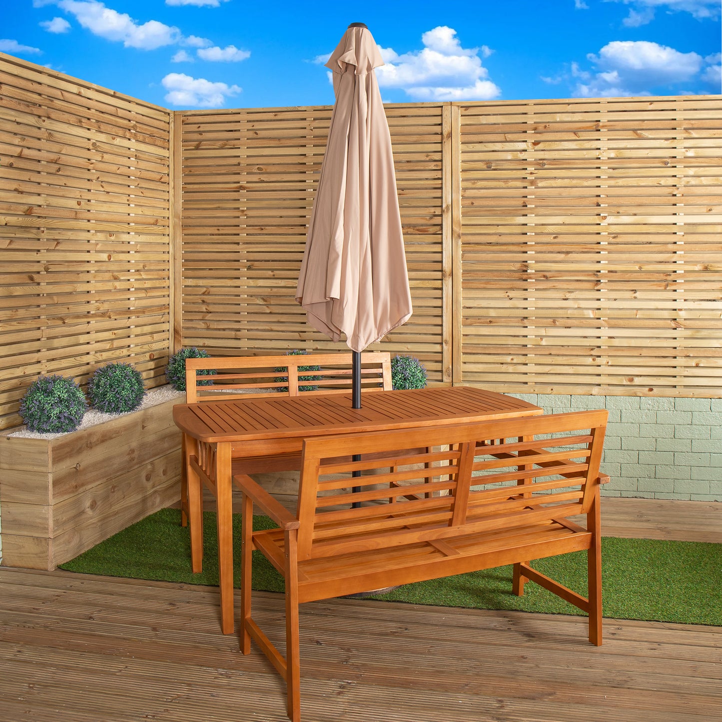 Outdoor 4 Person Rectangular Wooden Garden Table, 2 Benches with Beige Havana Parasol & Base