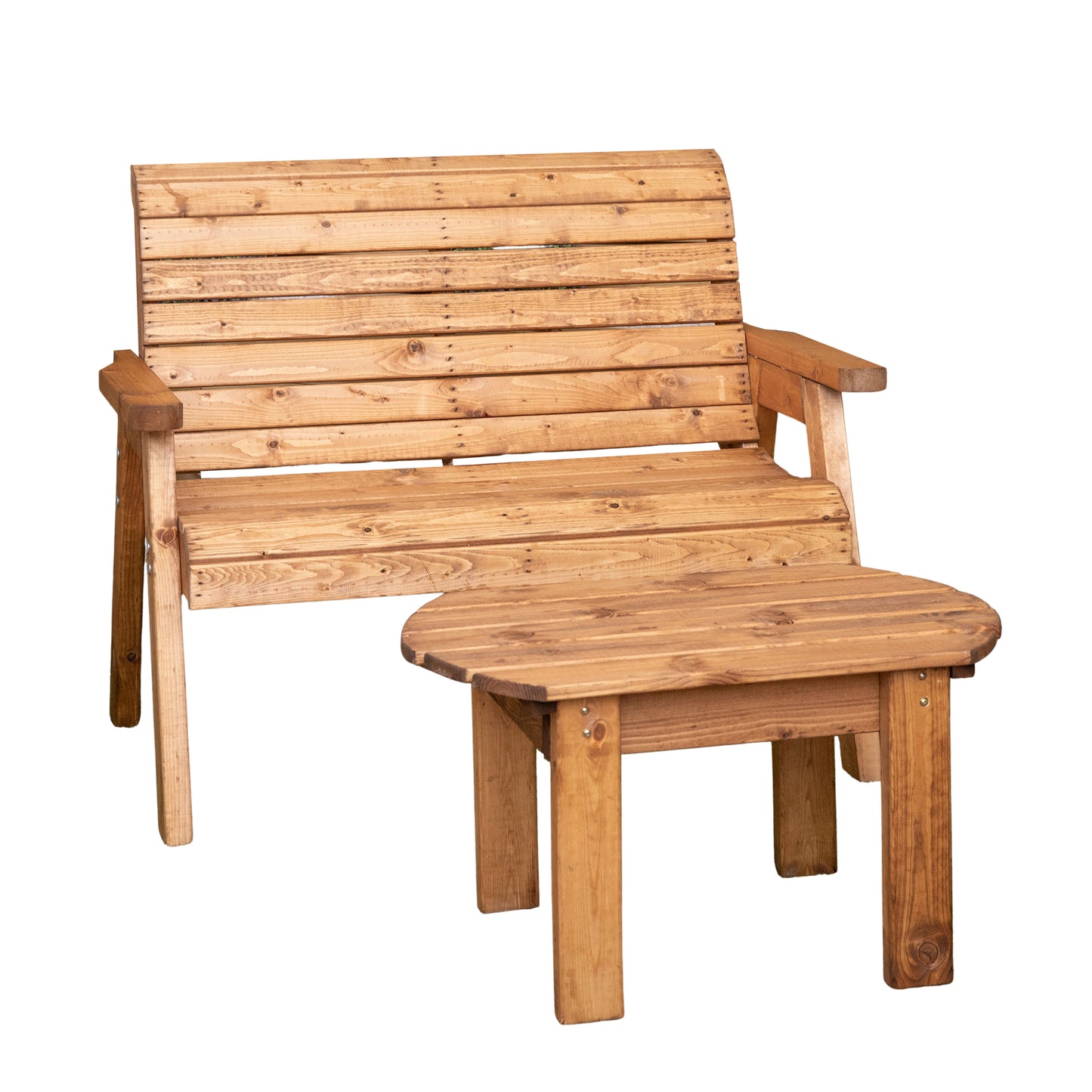 Hand Made 2 Seater Chunky Rustic Wooden Garden Furniture Bench With Coffee Table