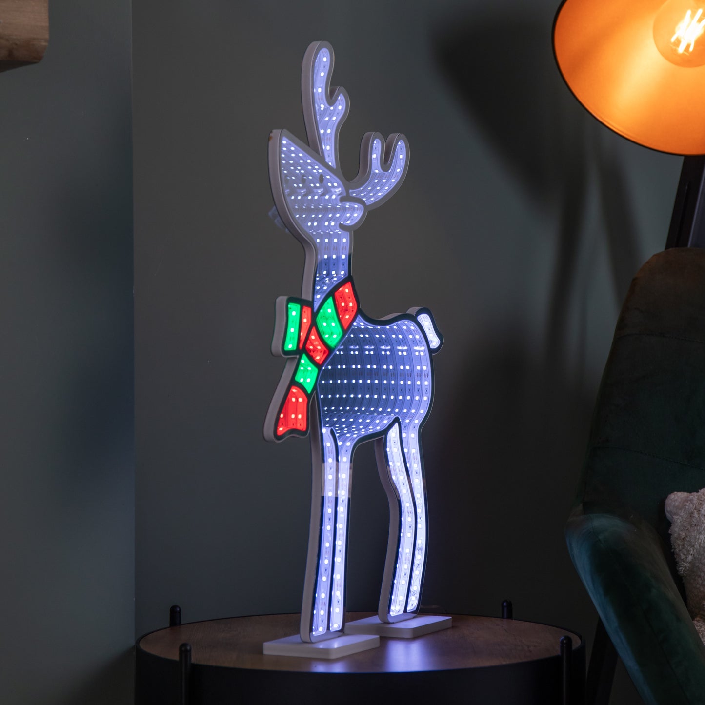 60cm Light up Standing Reindeer with Scarf Christmas Infinity Decoration with Multi-Coloured LEDs