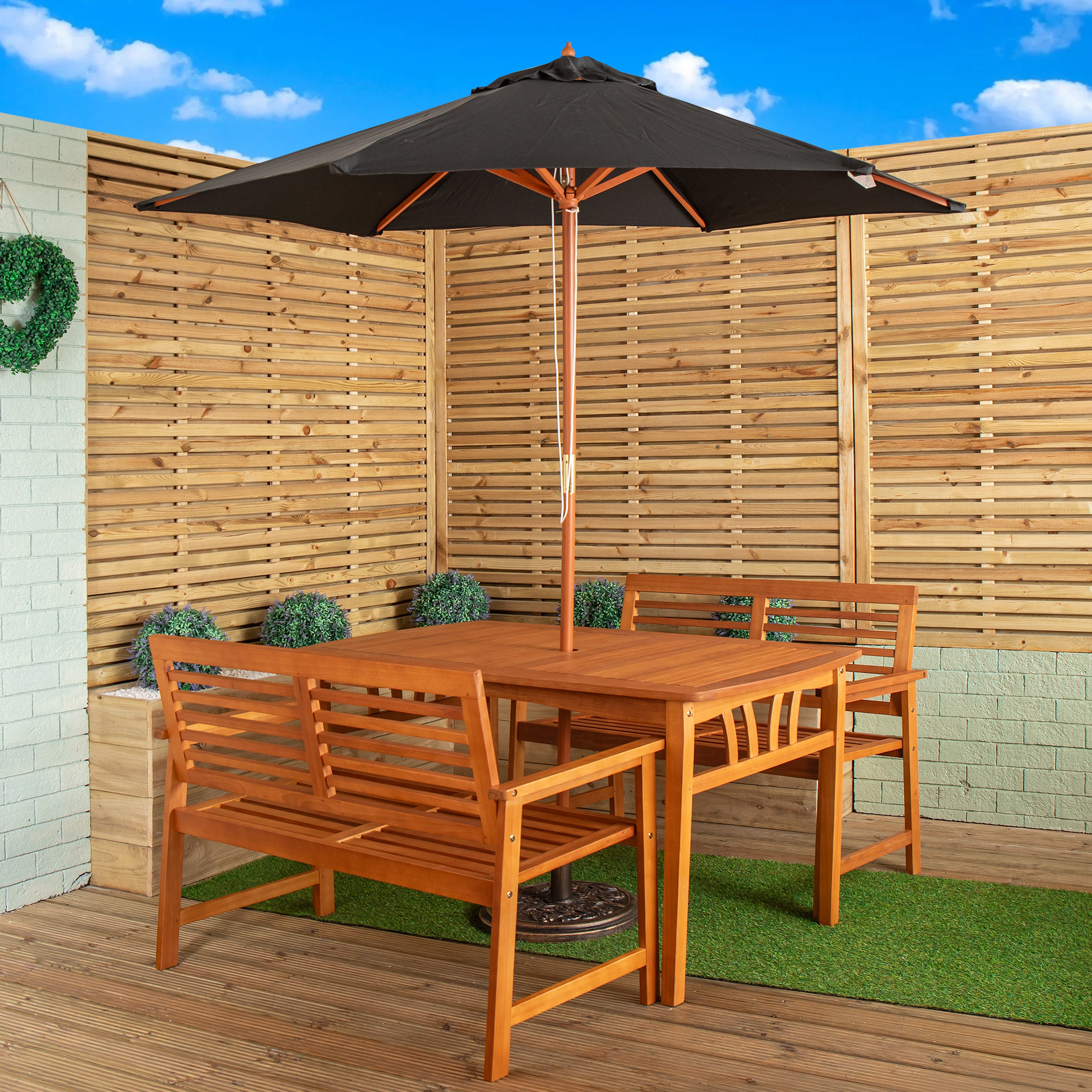 Outdoor 4 Person Rectangular Wooden Garden Table, 2 Benches with Black Parasol & Base Furniture Set